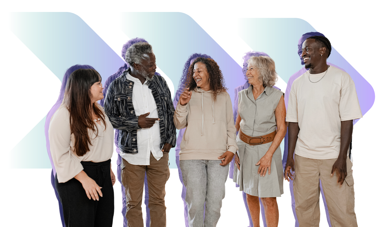 A group of people of different ages standing in a line smiling at one another.