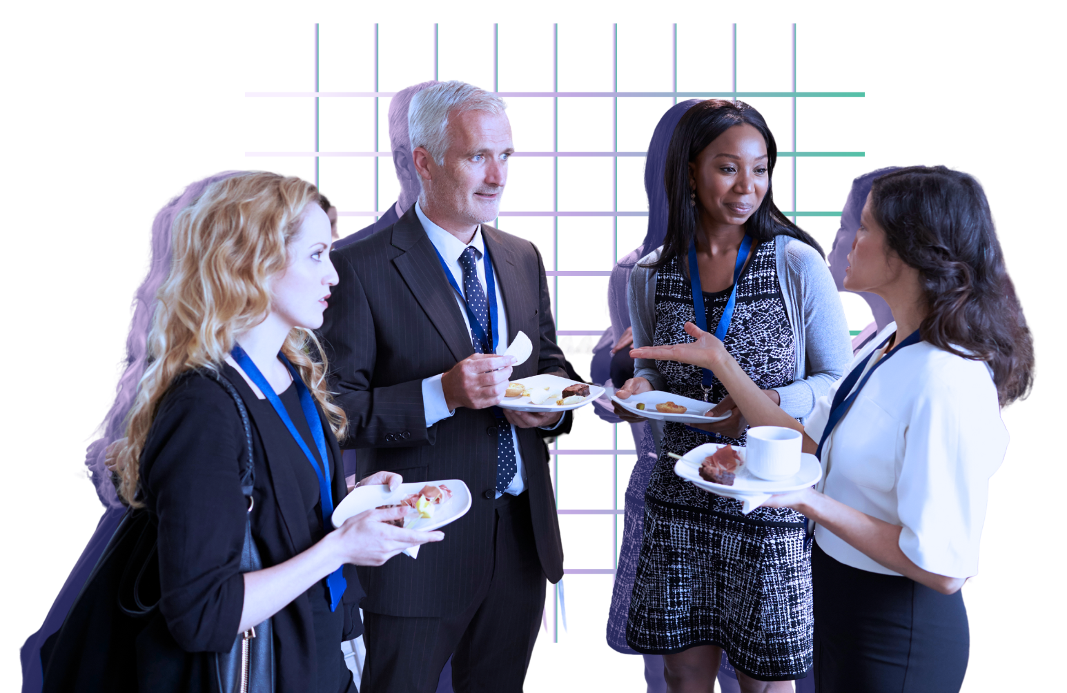 A group of people wearing smart attire, eating and chatting.